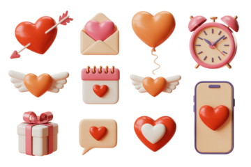 A colorful set of 3D hearts and balloons illustration, a romantic collection of love symbols for Valentine's Day design