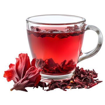 Refreshing red hibiscus tea in a clear glass cup with dried flowers