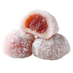 Three sweet mochi pastries filled with strawberry and dusted with sugar