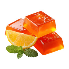 Fresh orange jelly cubes with lemon slice and mint leaves