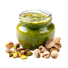 Fresh pistachio pesto in a glass jar with whole nuts