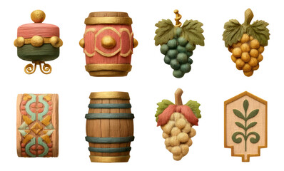 Colorful Artisan Wine Cellar Objects with Grapes and Barrels on Transparent Background