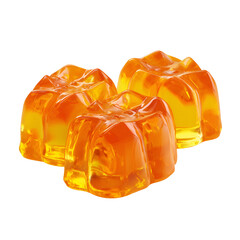 Three translucent orange and yellow gelatin desserts on a white background