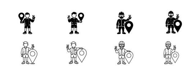 Location and Peace Sign Icons with People in Various Styles