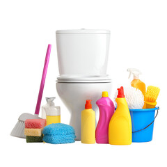 Bathroom cleaning supplies arranged around a white toilet on a white background