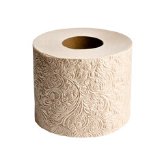 A single roll of decorative embossed toilet paper on a white background