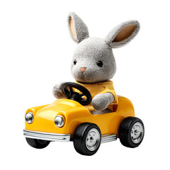 Cute plush bunny rabbit driving a yellow toy car