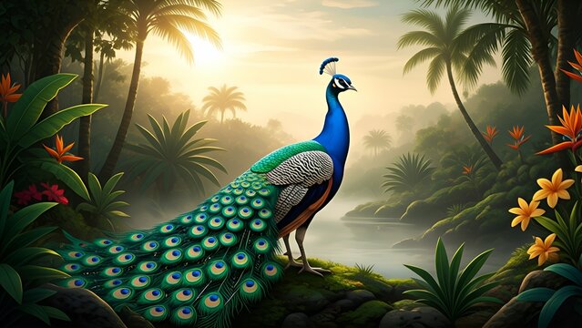 Majestic Colorful Peacock in Tropical Jungle - Digital Wildlife Art
