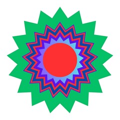 Vibrant abstract starburst with concentric jagged rings and red center