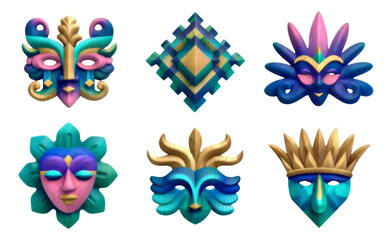 Colorful Wooden Masks with Moon and Sun Themes on Transparent Background