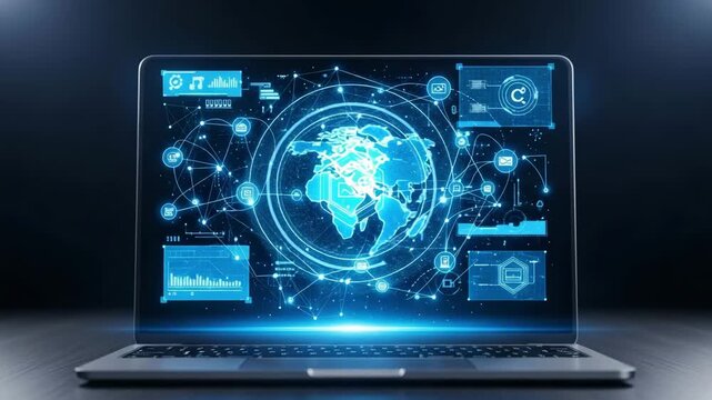 Dynamic global network connections visualized on a laptop screen for digital transformation solutions and modern technology innovations
