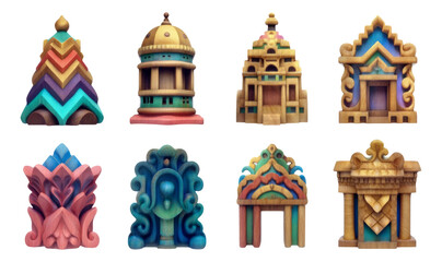 Colorful Decorative Architectural Elements with Dome and Carvings on Transparent Background