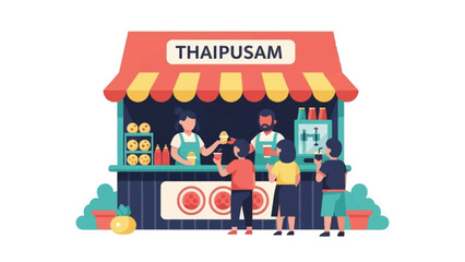 This flat design vector illustration captures the lively atmosphere of a Thaipusam food stall, showcasing traditional Indian snacks and drinks