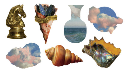 Golden Chess Knight and Artistic Shells on Transparent Background with Clouds