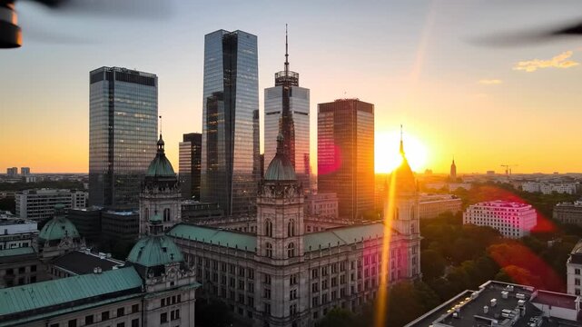 A beautiful cityscape features skyscrapers against a vibrant sunset, with the sun slowly descending behind the tall buildings. The urban skyline showcases a stunning blend of archi