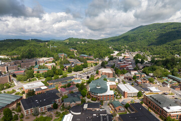 Boone, North Carolina. Historical American town in Appalachian Blue Ridge Mountains. Old townscape architecture in Watauga County, USA. Streets and historic buildings from above
