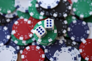 Dice game on the poker table in the casino. A successful combination of dice brought a lot of winning chips