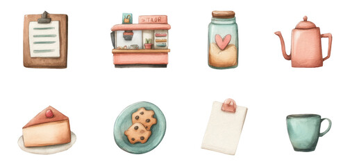 Cute Pastel Doodle Items for Station Caf Theme on Transparent Background
