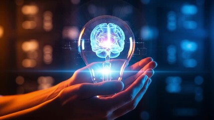 Dynamic brain lightbulb concept held in hands symbolizing innovation, creativity, and intelligence in a futuristic setting - Powered by Adobe