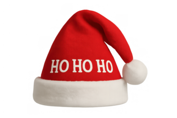 Santa hat in red with ho ho ho text, a white brim and pompom, isolated for christmas celebration