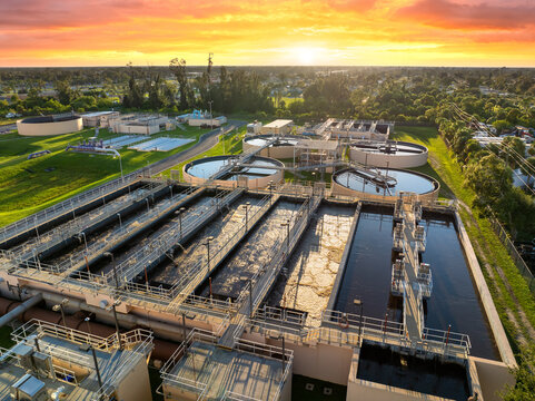 Large water treatment facility in Florida, USA. Industrial infrastructure for municipal water purification and wastewater processing