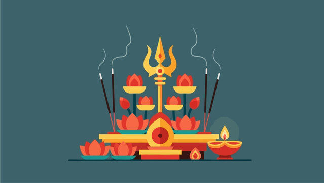 A flat design vector illustration showcasing a meticulously arranged Hindu altar dedicated to Lord Murugan during Thaipusam, featuring symbolic offerings