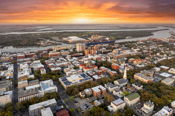 Savannah, Georgia. Urban landscape of old historical city. USA cityscape at sunset