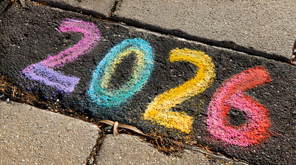 Chalk drawing of 2026 on pavement