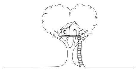 Continuous line drawing of a treehouse nestled in a heart shaped tree crown