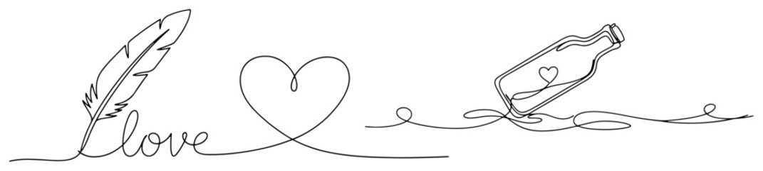 Continuous line drawing of a feather writing love with a heart and message in a bottle