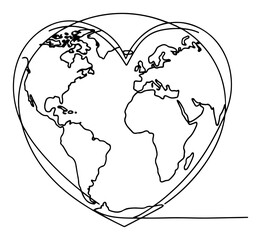 One line drawing of the earth globe in a heart shape