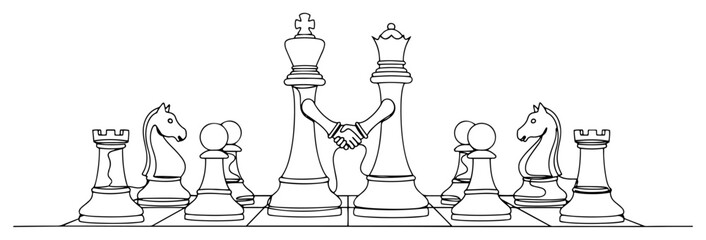 Chess board pieces with king and queen shaking hands continuous line art