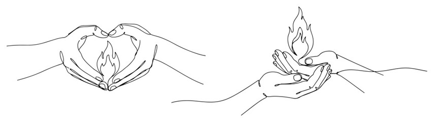Continuous line drawing of hands holding a flame and forming a heart