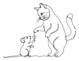 Continuous line drawing of a cat and mouse sharing a heart symbol