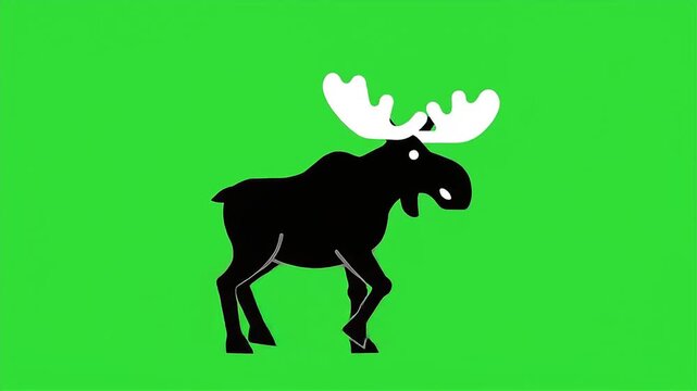 Cute cartoon black moose with white antlers on bright green background