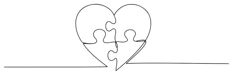 Continuous line drawing of a heart formed by four puzzle pieces representing unity