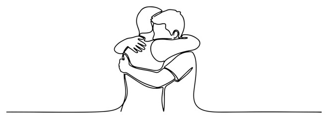 Continuous line drawing of two men hugging each other warmly