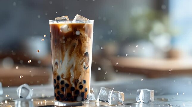 Refreshing bubble tea beverage with ice cubes and splash effect
