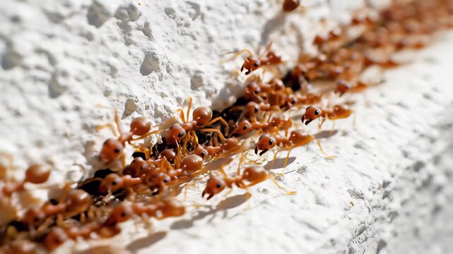 Ants march along weathered wall, their backs covered in delicate snowflakes, capturing the concept of industriousness and perseverance, echoing themes of determination and collective effort.