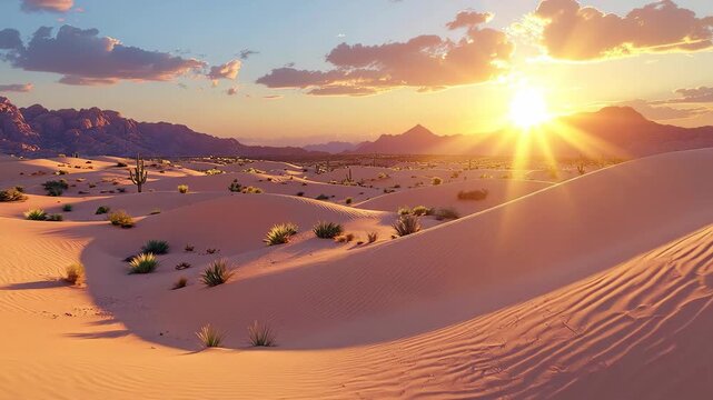 Desert Landscape with Cactus and Sand Dunes at Sunrise Golden Hour