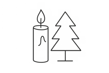 Christmas candle and tree line art icon on transparent background, symbolizing winter holidays and festive decorations
