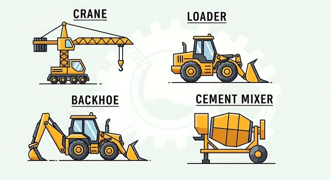 Construction Vehicles - Crane, Loader, Backhoe, and Cement Mixer Illustration.