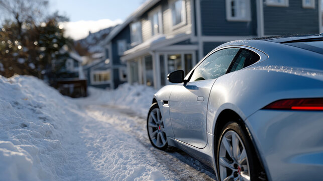 A dynamic photo capturing a silver sports car parked next to a snowy road, reflecting luxury and adventure in a serene winter environment filled with fresh snowfall.