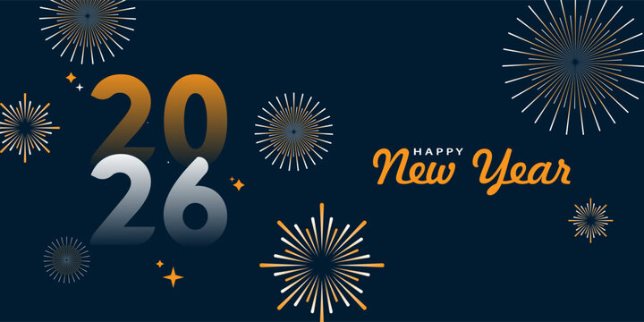 2026 Happy new year celebration greeting card, sparkler font and firework isolated background
