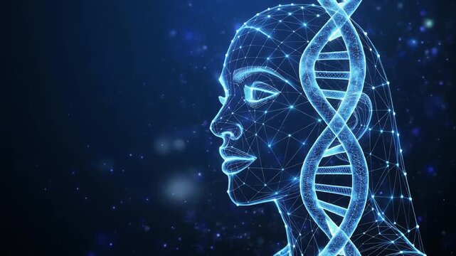 Digital Human face and DNA double helix on a blue technology background. DNA molecule hologram and AI robot head. Futuristic biotechnology and Science tech concept 4k video