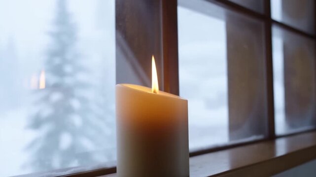 Snowstorm outside the window of a mountain chalet with a burning candle on the windowsill reflected in the glass, concept of dramatic safety in a storm