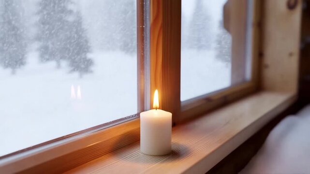 Snowstorm outside the window of a mountain chalet with a burning candle on the windowsill reflected in the glass, concept of dramatic safety in a storm