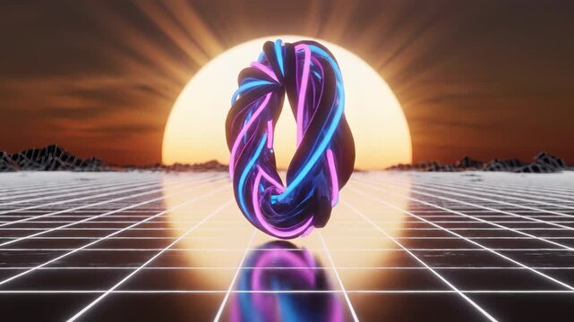The glowing ring stands in front of a large sun, casting vibrant reflections on the grid below. This glowing ring and expansive sun create a striking visual in the landscape.