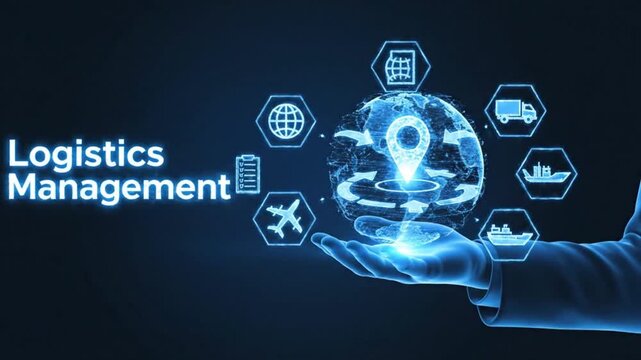 Logistics management. Smart logistics, transportation technology concept. Logistic global network distribution. 3D Sphere with a hexagonal surface in wireframe hand. Vector 4k video