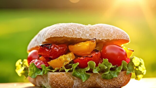 The sandwich is filled with fresh tomatoes and vibrant yellow peppers, complemented by crisp lettuce. The sandwich with tomatoes and peppers stands out against a soft green backgro